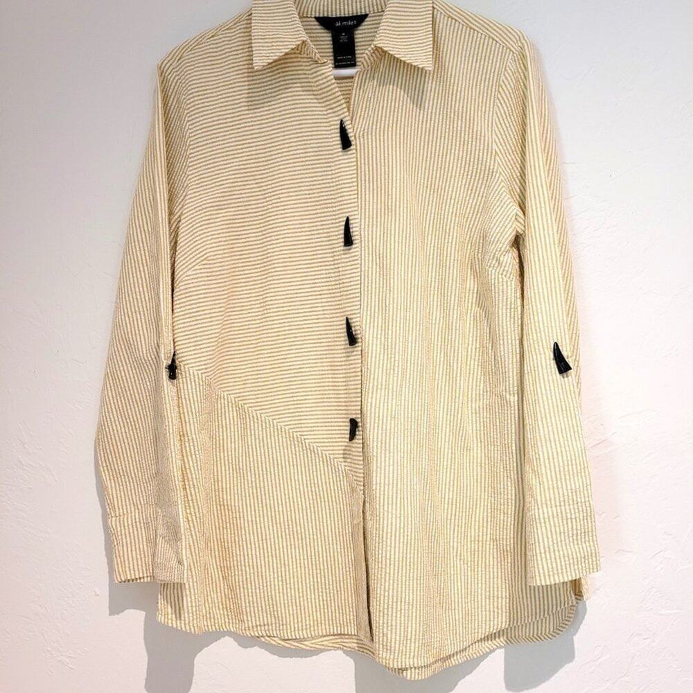 Ali Miles Asymmetric 100% Cotton Seersucker Striped Jacket Horn Buttons - Size M
